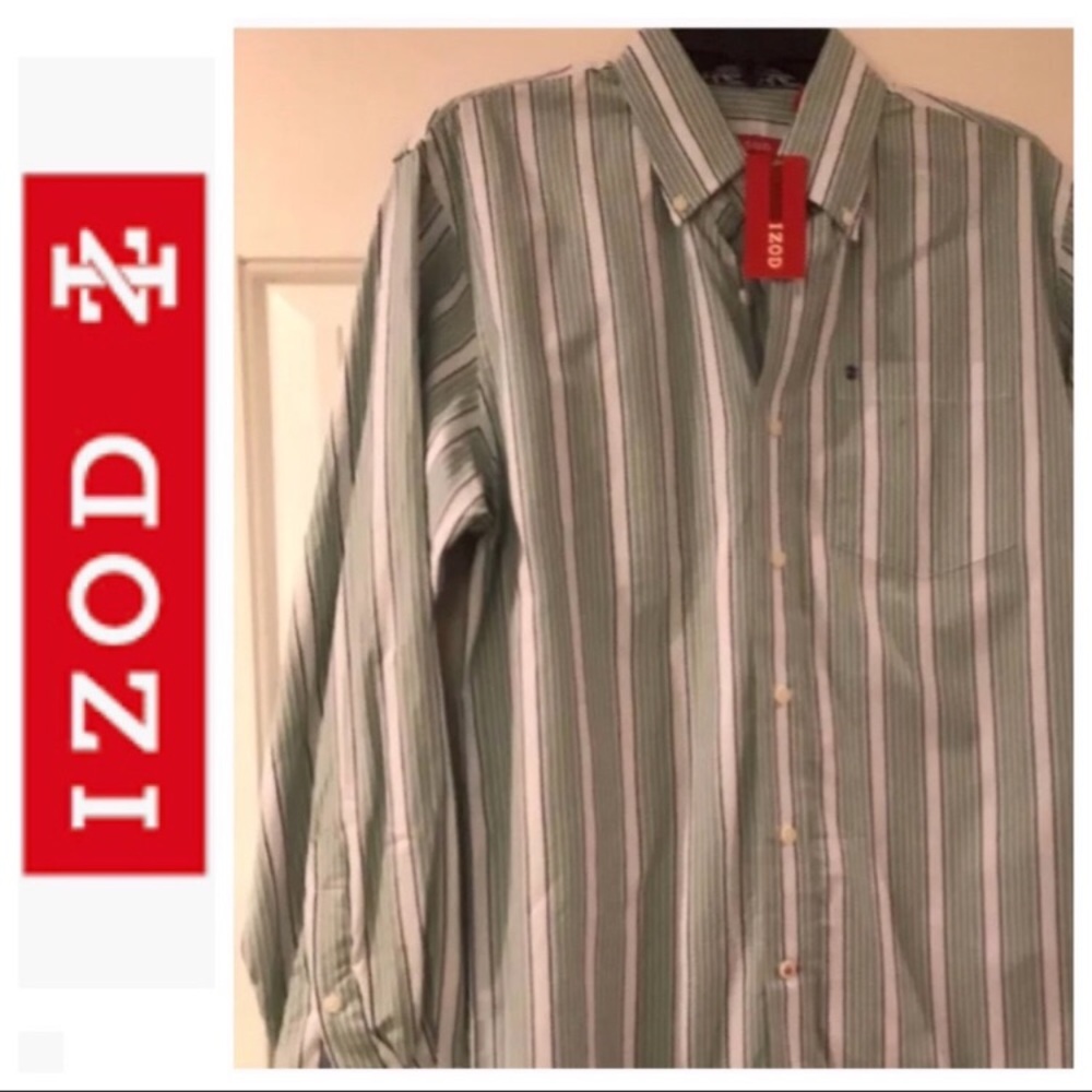 Izod Green Stripe Button Down Shirt Small NWT